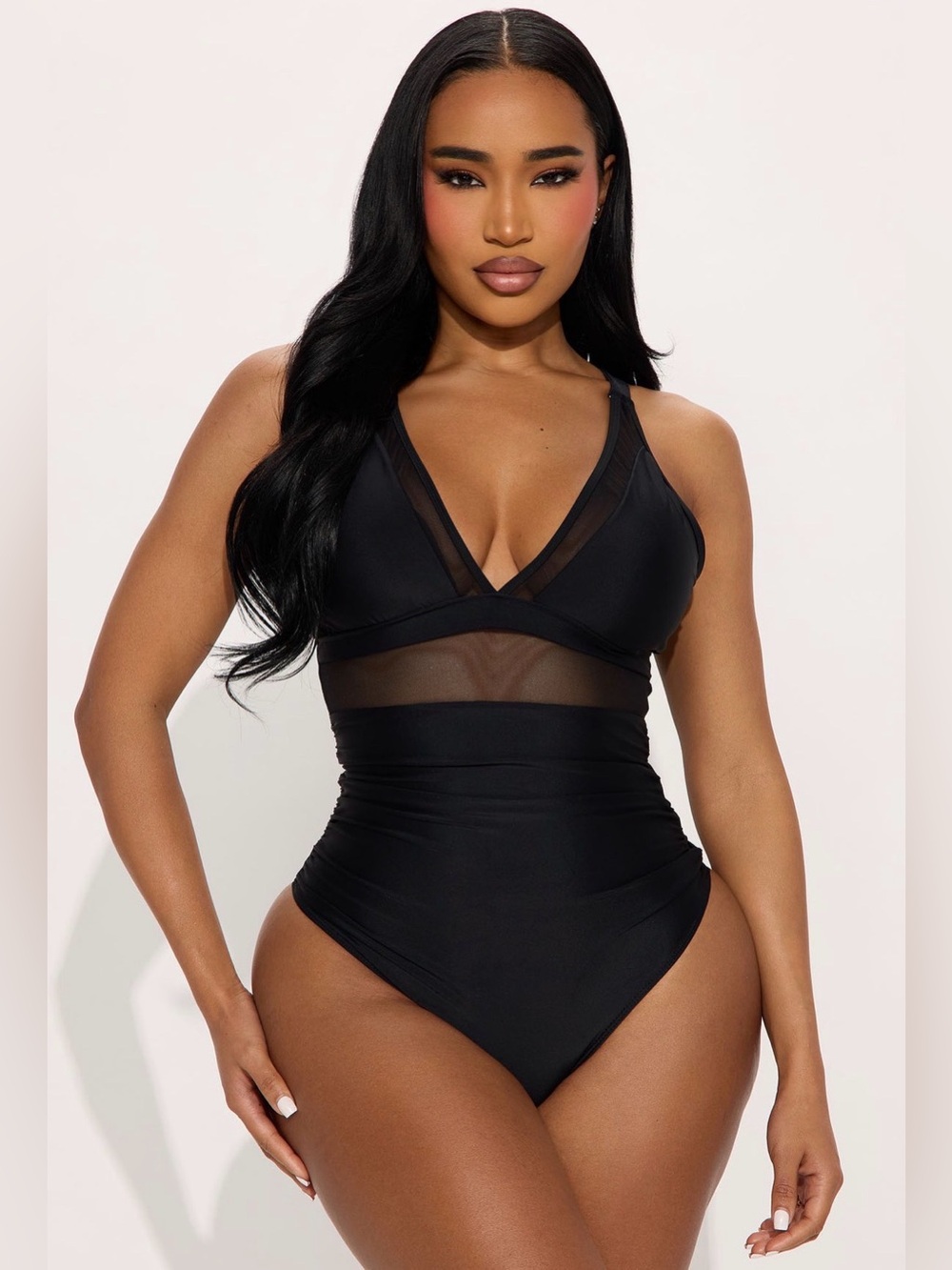 Black Mesh-Panel One-Piece Swimsuit - tummy control Women Swim